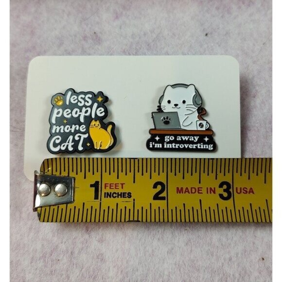 Introvert Cat Enamel Pin Set: Less People, More Cat & Go Away, I'm Introverting - Picture 4 of 4